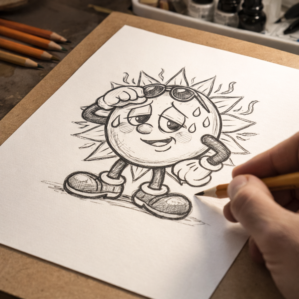 Hand-drawn illustration of an iconic sun character with sunglasses on a piece of paper.